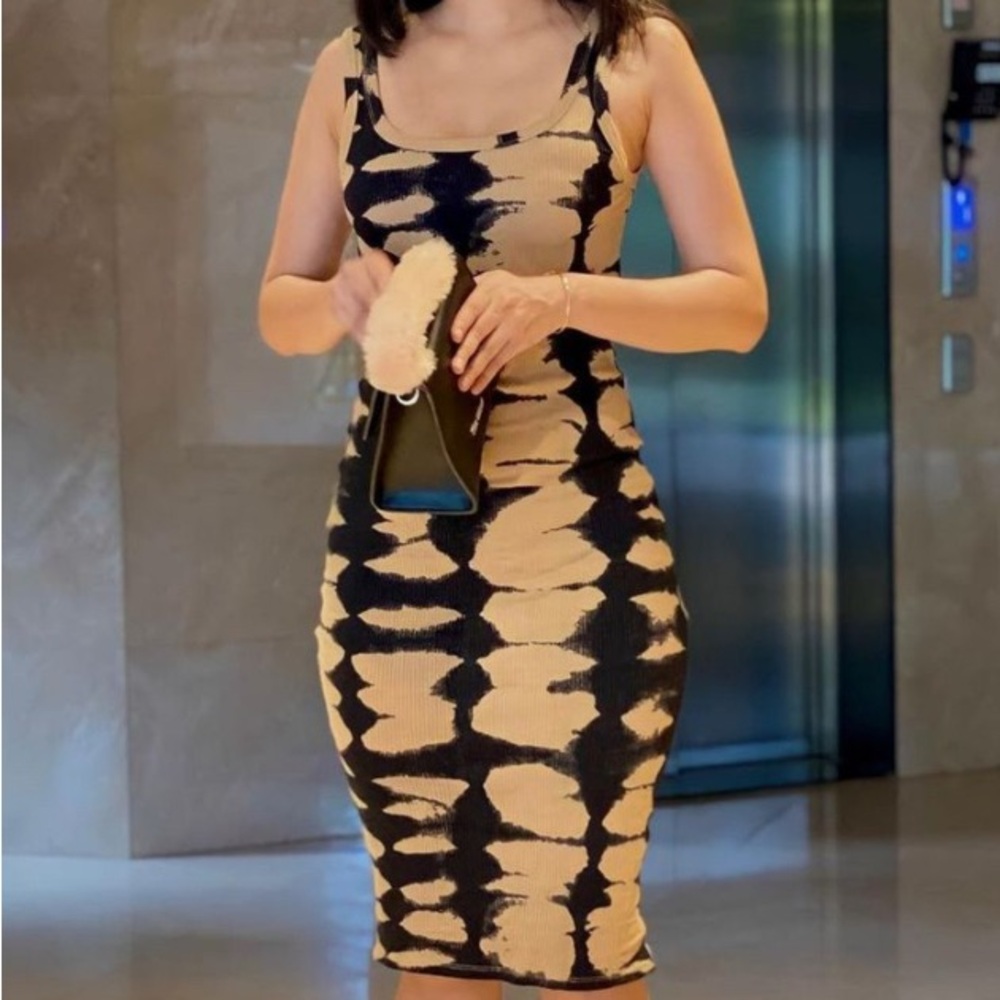 Zara Black and Beige Tie-Dye Midi Bodycon Dress